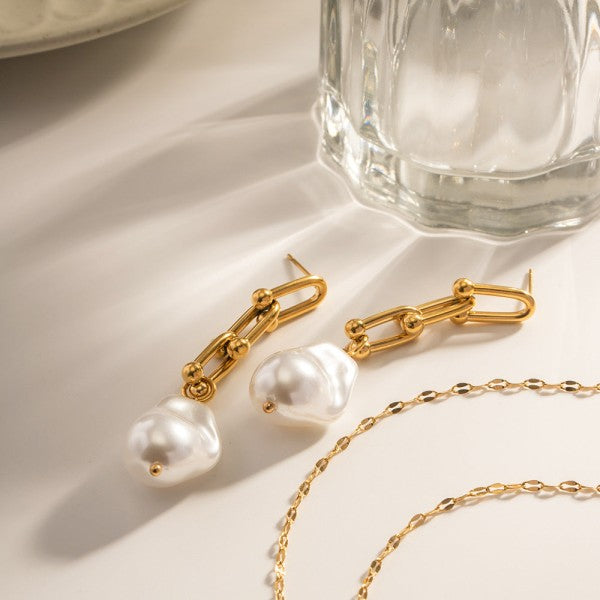 Women 18K Gold Plated Baroque Pearl Link Earrings | Zarnesh