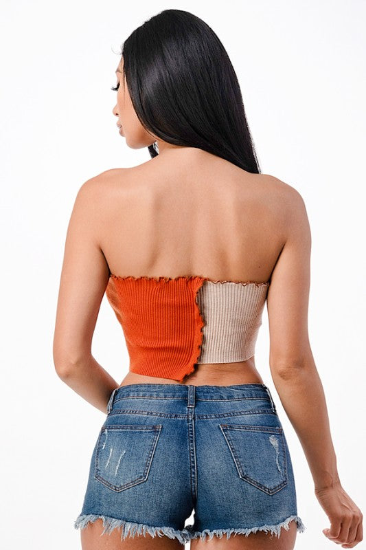 Women Asymmetric Contrast Tube Edge Knit Crop Top | Zarnesh