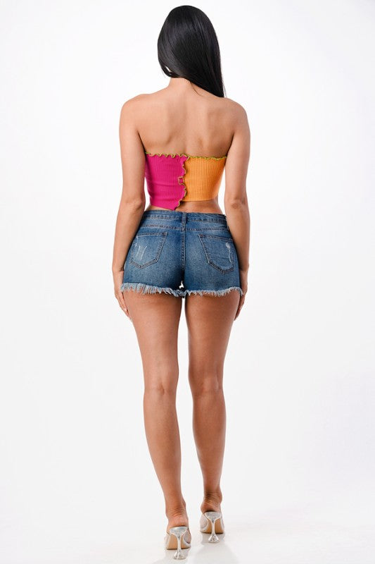 Women Asymmetric Contrast Tube Edge Knit Crop Top | Zarnesh