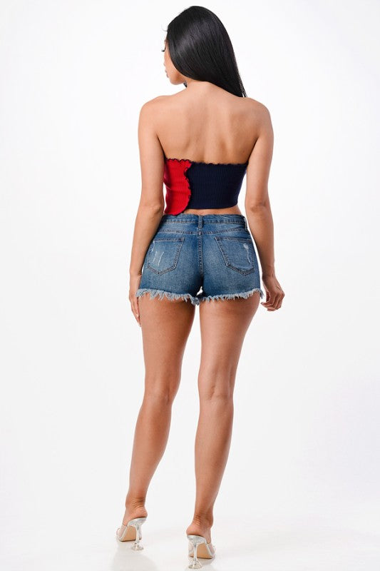 Women Asymmetric Contrast Tube Edge Knit Crop Top | Zarnesh