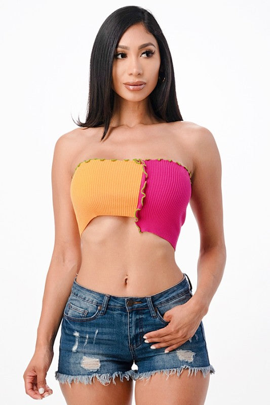 Women Asymmetric Contrast Tube Edge Knit Crop Top | Zarnesh