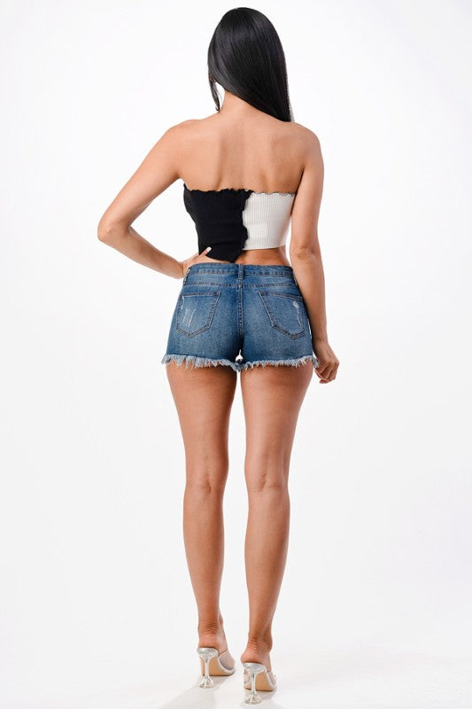 Women Asymmetric Contrast Tube Edge Knit Crop Top | Zarnesh