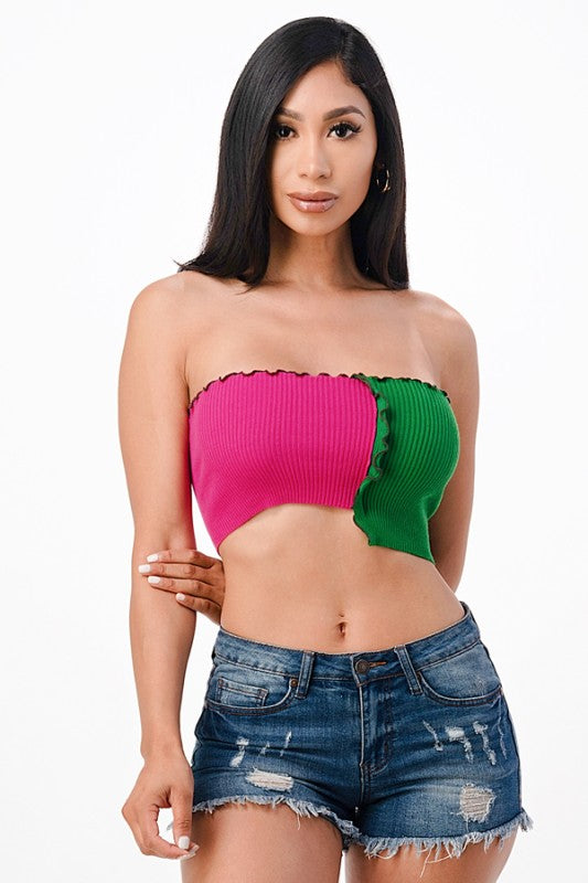 Women Asymmetric Contrast Tube Edge Knit Crop Top | Zarnesh