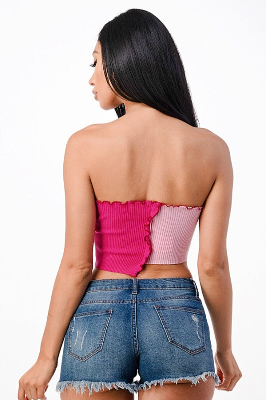 Women Asymmetric Contrast Tube Edge Knit Crop Top | Zarnesh