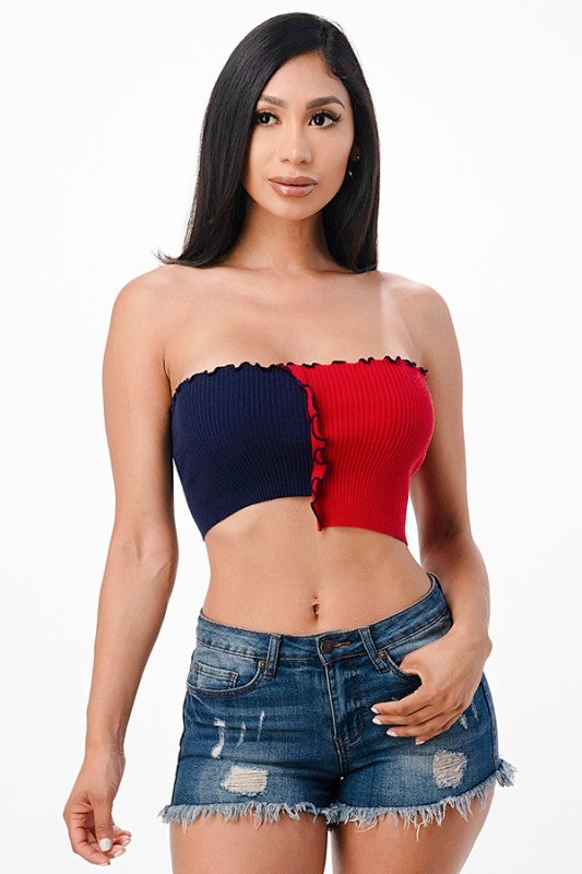 Women Asymmetric Contrast Tube Edge Knit Crop Top | Zarnesh