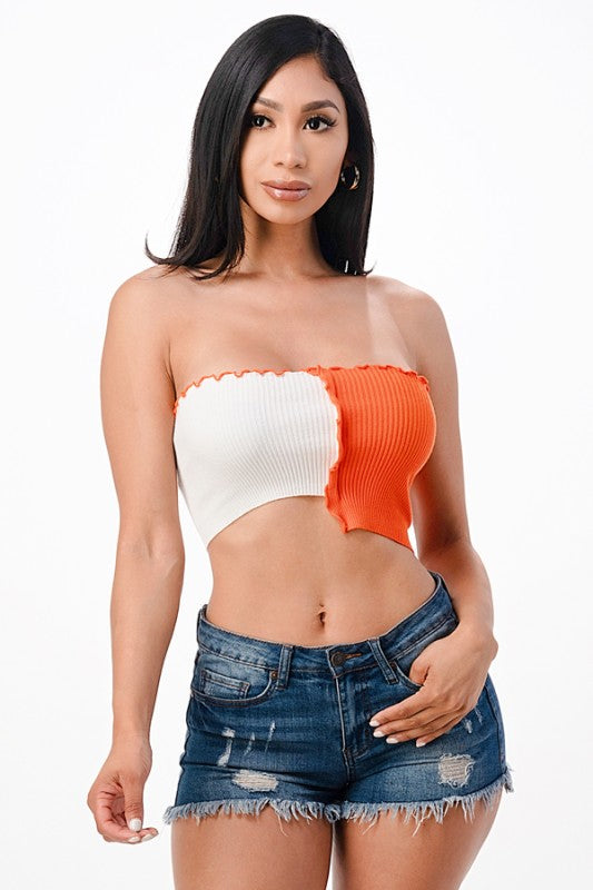 Women Asymmetric Contrast Tube Edge Knit Crop Top | Zarnesh