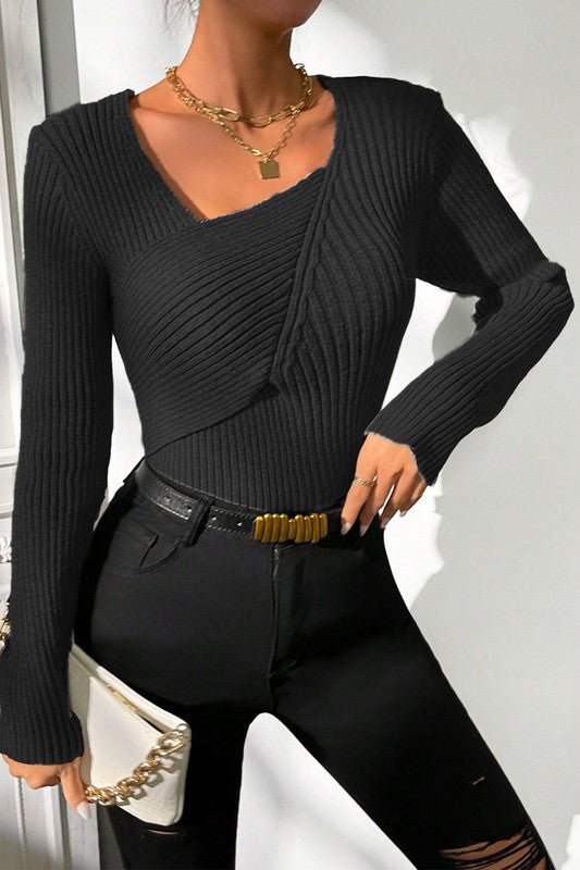 Women’s Asymmetrical Neck Knit Elastic Fit Solid Sweater | Zarnesh