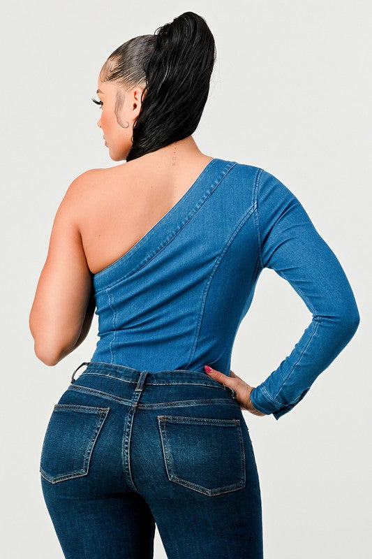 Women Athina One Shoulder Seamless Back Fit Denim Bodysuit Zarnesh