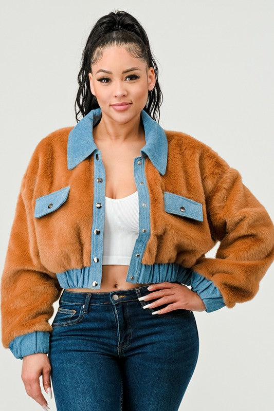 Women Athina Drop Shoulder Denim Contrast Fur Crop Jacket Zarnesh