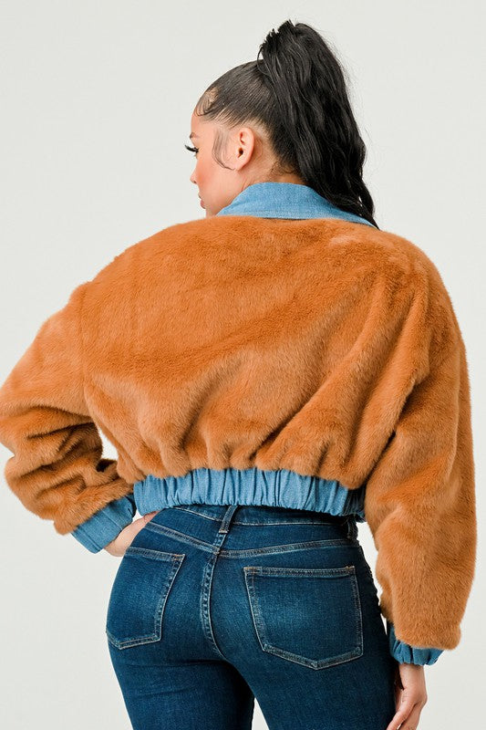 Women Athina Drop Shoulder Denim Contrast Fur Crop Jacket Zarnesh