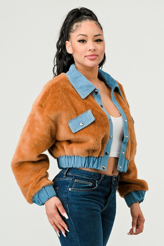 Women Athina Drop Shoulder Denim Contrast Fur Crop Jacket Zarnesh