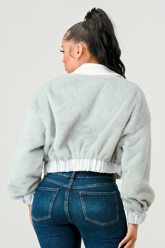 Women Athina Drop Shoulder Denim Contrast Fur Crop Jacket Zarnesh