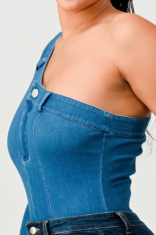 Women Athina One Shoulder Seamless Back Fit Denim Bodysuit Zarnesh