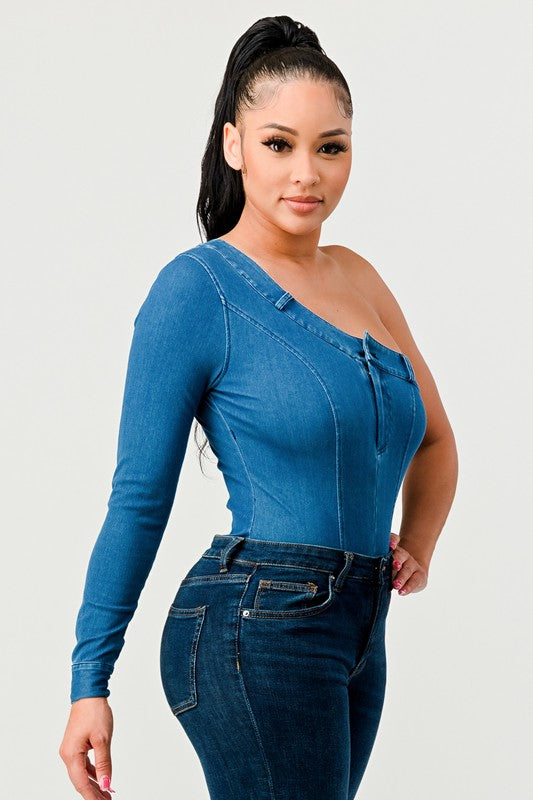 Women Athina One Shoulder Seamless Back Fit Denim Bodysuit Zarnesh