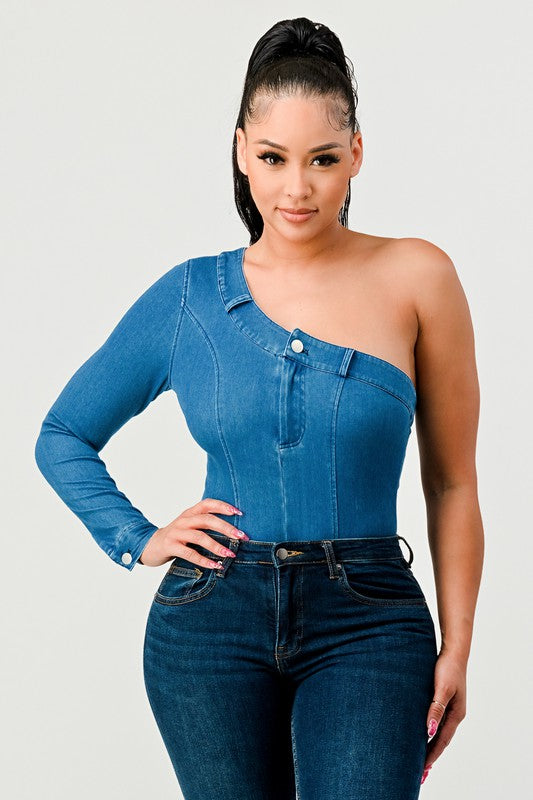 Women Athina One Shoulder Seamless Back Fit Denim Bodysuit Zarnesh