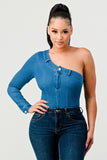 Women Athina One Shoulder Seamless Back Fit Denim Bodysuit Zarnesh