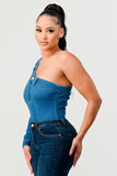 Women Athina One Shoulder Seamless Back Fit Denim Bodysuit Zarnesh