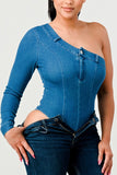 Women Athina One Shoulder Seamless Back Fit Denim Bodysuit Zarnesh