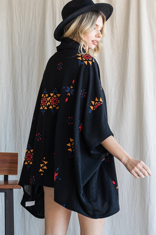 Women Aztec Print Cowl Neck Hip Length Oversized Poncho Zarneshh