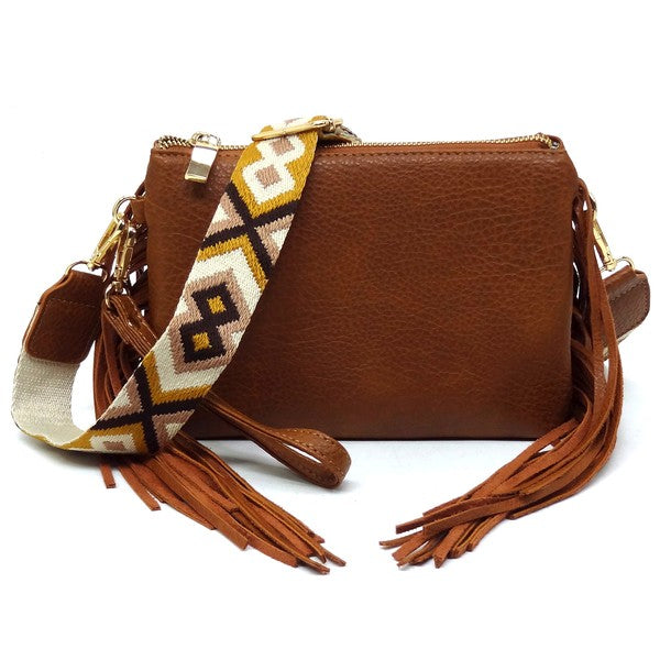 Women Aztec Guitar Strap Fringe Clutch Crossbody Bag Zarnesh