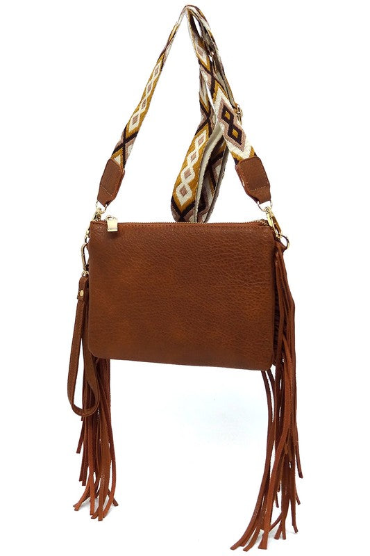 Women Aztec Guitar Strap Fringe Clutch Crossbody Bag Zarnesh