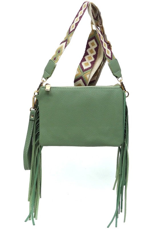 Women Aztec Guitar Strap Fringe Clutch Crossbody Bag Zarnesh