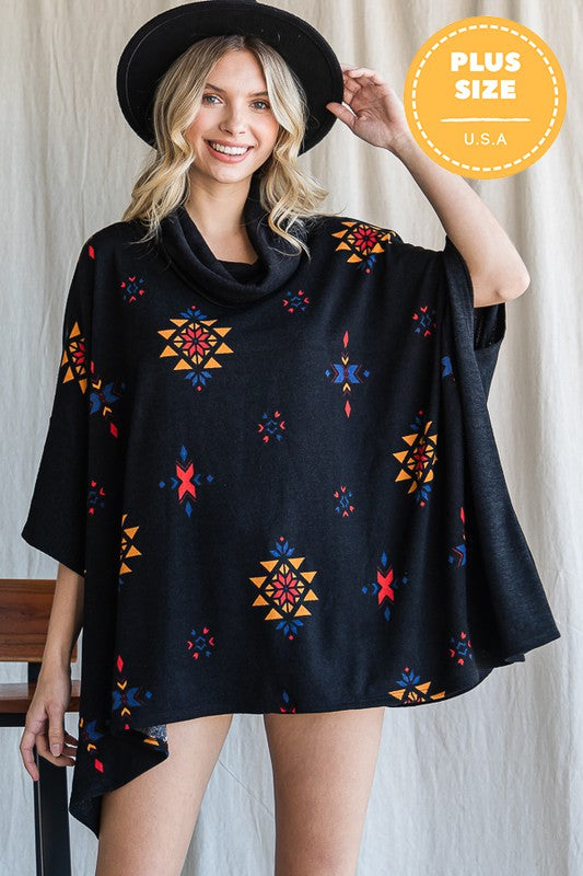 Women Aztec Print Cowl Neck Hip Length Oversized Poncho Zarneshh
