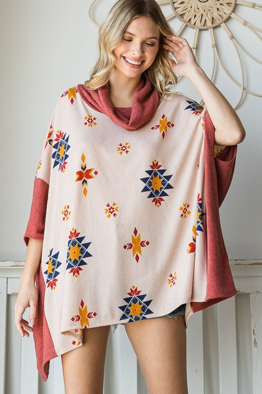 Women Aztec Print Cowl Neck Hip Length Oversized Poncho Zarneshh