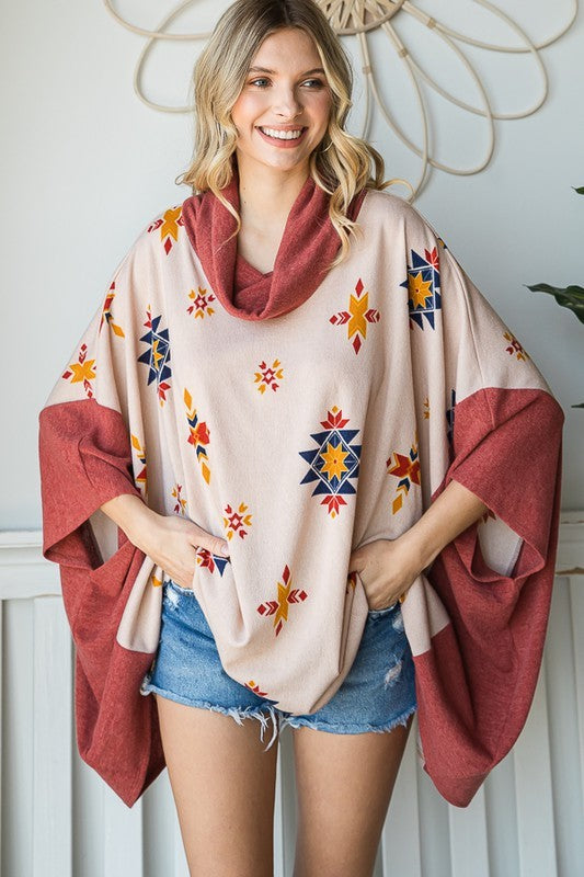 Women Aztec Print Cowl Neck Hip Length Oversized Poncho Zarneshh