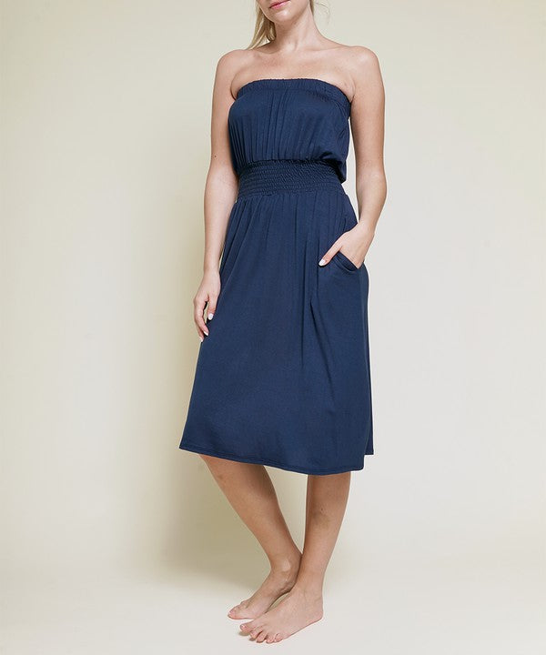 Women Bamboo Smock Waist Tube Knee Length Dress Zarnesh
