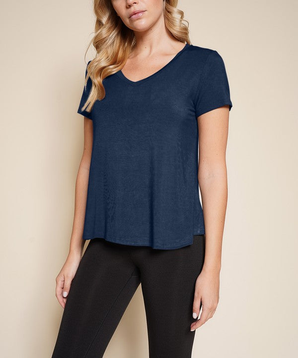 Women Bamboo V Neck Flared Open Bottom Short Sleeves T Shirt Zarnesh