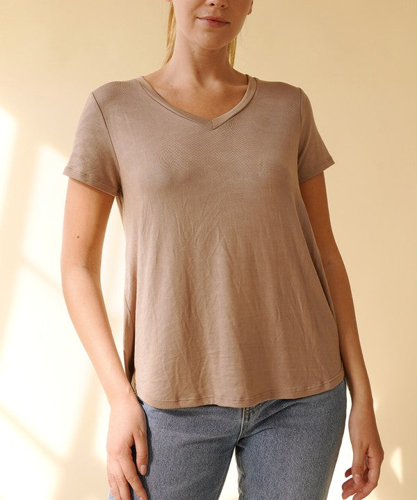 Women Bamboo V Neck Flared Open Bottom Short Sleeves T Shirt Zarnesh