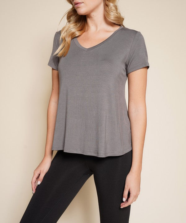 Women Bamboo V Neck Flared Open Bottom Short Sleeves T Shirt Zarnesh