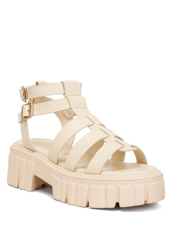 Women Dewey Recycled Faux Leather Block Heel Gladiators | Zarnesh