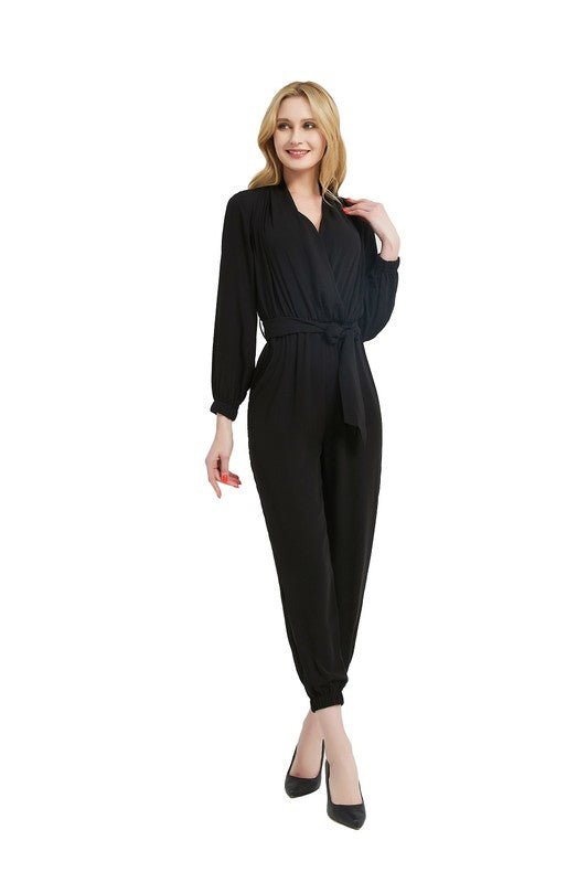 Women Black Waist Tie Elastic Cuffs Functional Pocket Jumpsuit Zarnesh