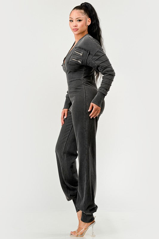 Women Couture Multi Pocket Zipper Ribbed Sleeves Jumpsuit Zarnesh