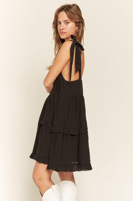 Women Plus Loose Square Neck Self Tie Straps Ruffle Mini Dress Zarnesh