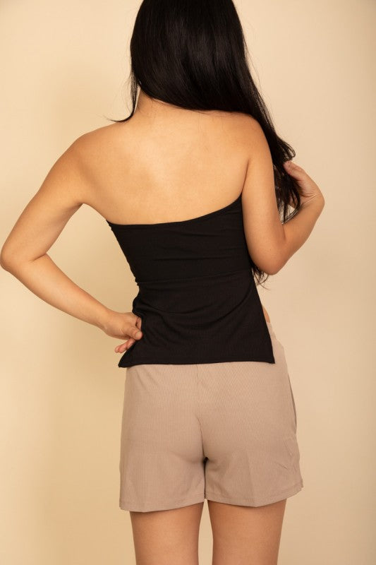 Women Soft Ribbed Strapless Ribbed Side Slit Flare Top Zarnesh