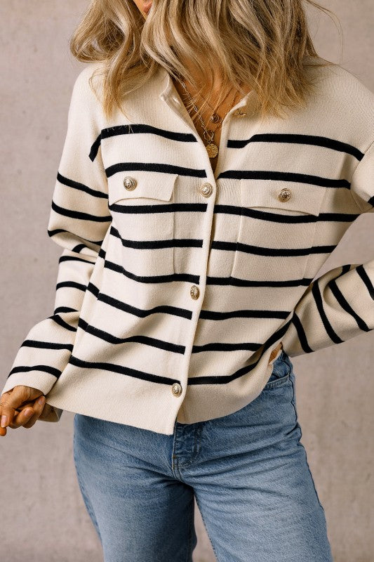 Women's Black Stripe Flap Pocket Buttoned Cardigan | Zarnesh
