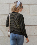 Women Black Striped Pattern Long Raglan Sleeve Sweater Zarnesh