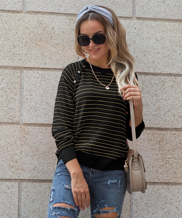 Women Black Striped Pattern Long Raglan Sleeve Sweater Zarnesh