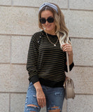 Women Black Striped Pattern Long Raglan Sleeve Sweater Zarnesh