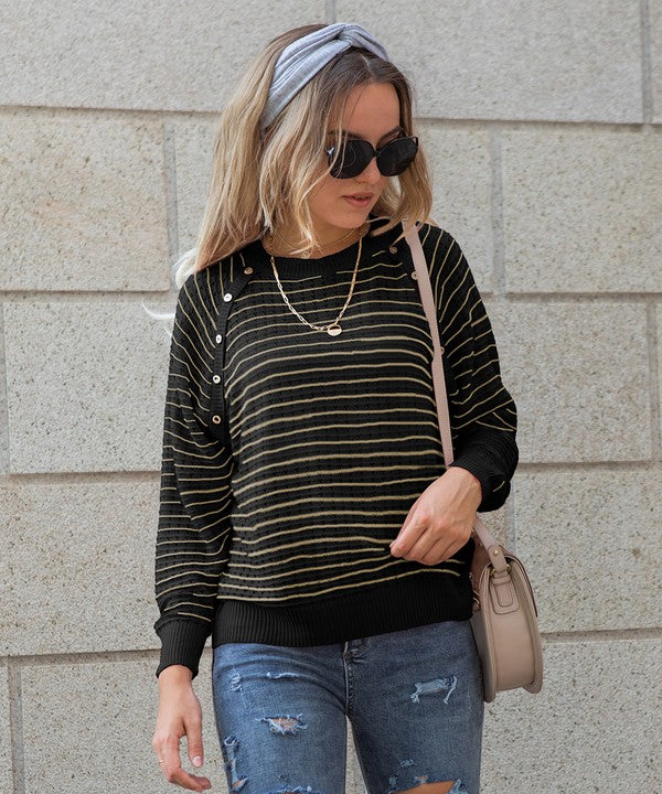 Women Black Striped Pattern Long Raglan Sleeve Sweater Zarnesh