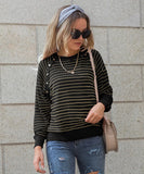 Women Black Striped Pattern Long Raglan Sleeve Sweater Zarnesh