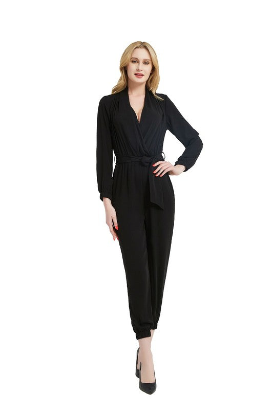 Women Black Waist Tie Elastic Cuffs Functional Pocket Jumpsuit Zarnesh