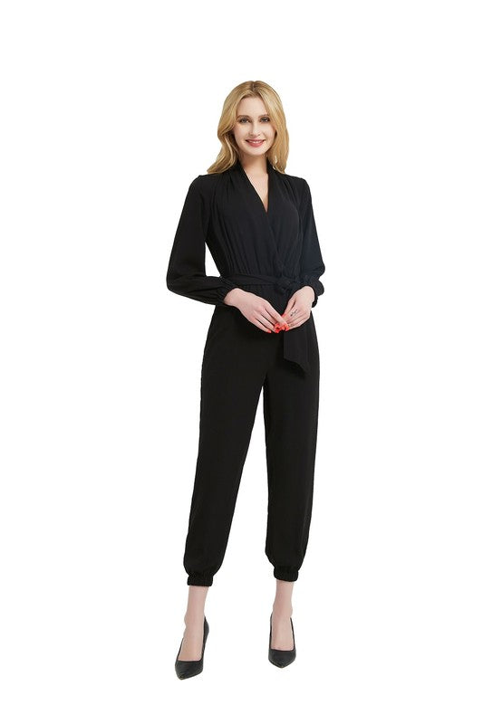Women Black Waist Tie Elastic Cuffs Functional Pocket Jumpsuit Zarnesh