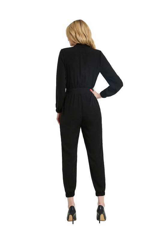Women Black Waist Tie Elastic Cuffs Functional Pocket Jumpsuit Zarnesh