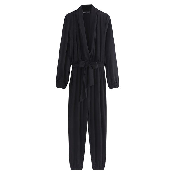 Women Black Waist Tie Elastic Cuffs Functional Pocket Jumpsuit Zarnesh