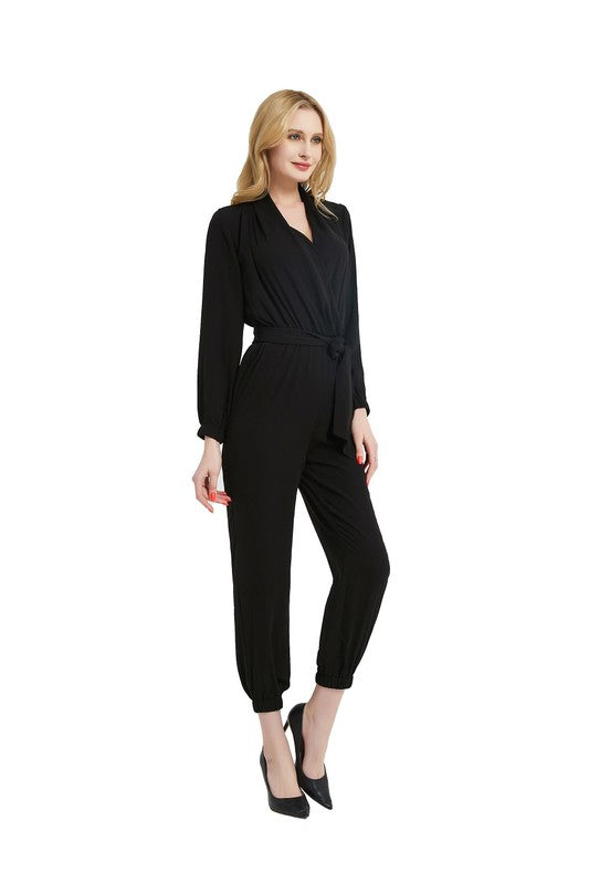 Women Black Waist Tie Elastic Cuffs Functional Pocket Jumpsuit Zarnesh