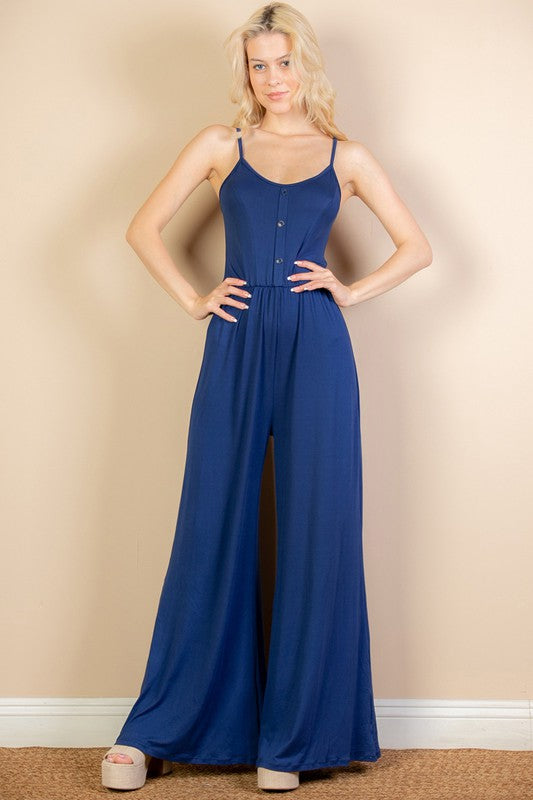 Women Button Sleeveless Elastic Waistband Wide Leg Jumpsuit Zarnesh
